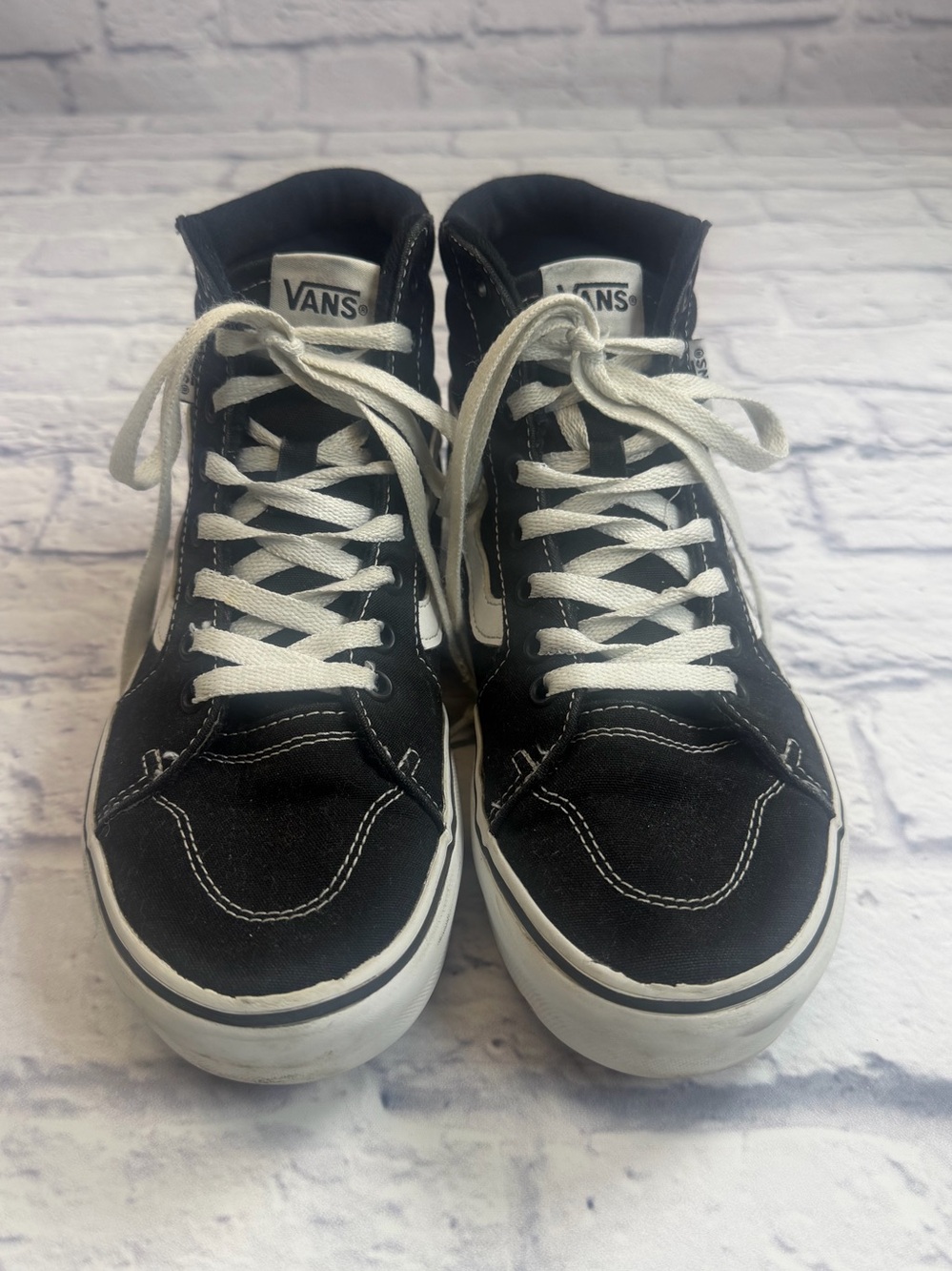 Vans Women’s Black and White High-Top Skate Sneakers. Size 8.5.